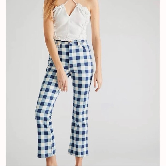 Wrangler - Blue and White Checked Denim Wrock 672 High Rise Kick Flare Jeans 24 - Picture 3 of 10